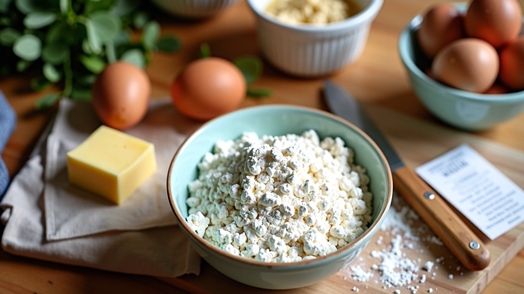 Tafel vol ingrediënten voor bakken, bloem, boter, eieren, met recept en warm zonlicht
