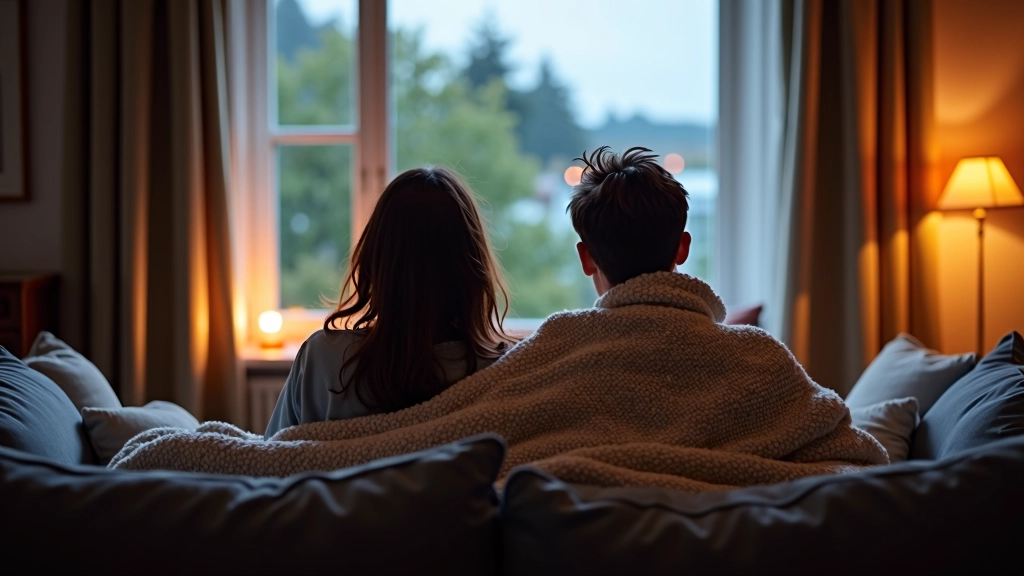 Televisie in gezellige huiskamer met twee personen op bank onder deken, regenweer buiten zichtbaar